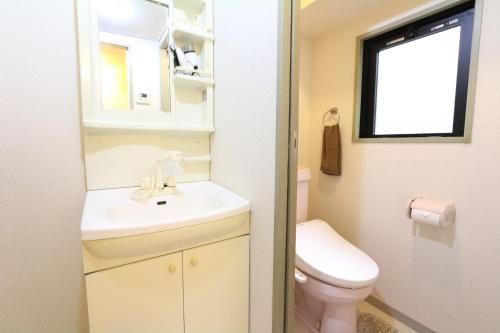 une salle de bain avec un lavabo et des toilettes et une fenêtre dans l'établissement Elizabeth Garden II, à Osaka