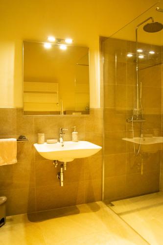 a bathroom with a sink and a shower with a mirror at L'OZioRinco Apartments in Florence