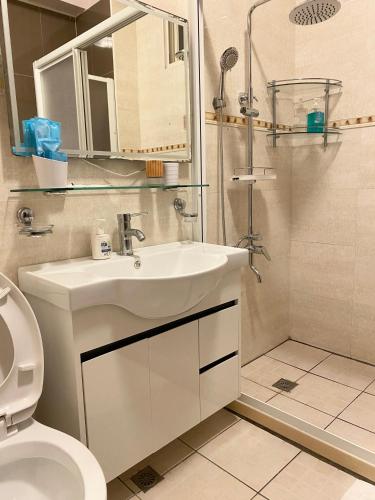 a bathroom with a sink and a toilet and a shower at Sea Princess B&B in Fengbin