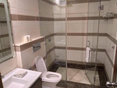 a bathroom with a shower and a toilet and a sink at Divine Paradise Tavisha in New Delhi