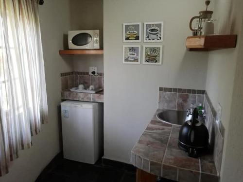 a small kitchen with a sink and a microwave at Idle & Wild Chalet in Hazyview