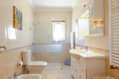 Un baño con inodoro, lavabo y ducha. en Baleal Sunset Residence, en Baleal