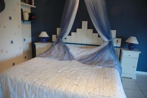a bedroom with a white bed with a canopy at Chambre d'Hôte La Boulière in Martigné-Ferchaud