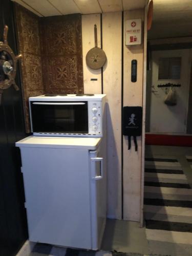 a microwave on top of a refrigerator in a kitchen at Stugan med Bryggan i Gamla Staden in Eskilstuna