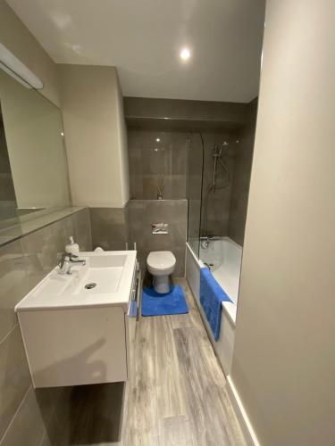a bathroom with a white sink and a toilet at Marie’s Serviced Apartment 1 Bed CityStay, parking in Bedford