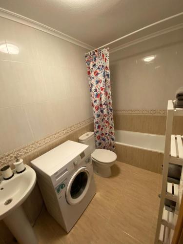 a bathroom with a washing machine next to a toilet at S&H La Consentida in San Juan de los Terreros
