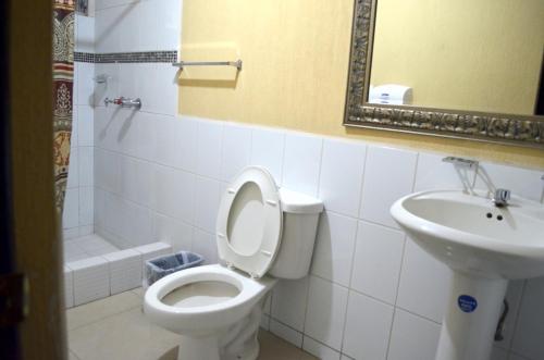 a bathroom with a toilet and a sink and a mirror at Hotel y Restaurante Castillo de los Altos in Quetzaltenango