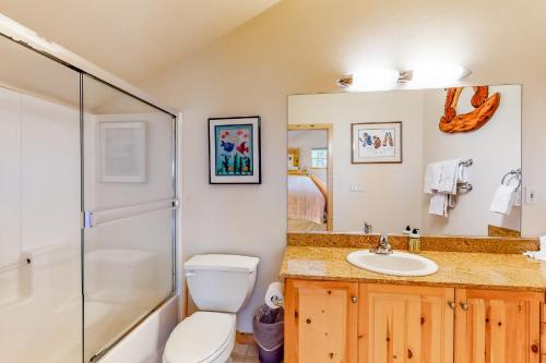 a bathroom with a toilet and a sink and a shower at Serene Family Cabin in Soda Springs