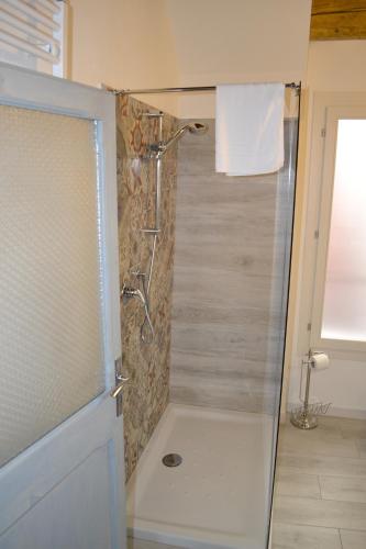 a shower with a glass door in a bathroom at Green Rooms Ferrara in Ferrara