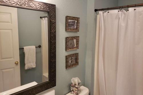 ein Badezimmer mit einem Spiegel, einem WC und einer Dusche in der Unterkunft Emerald Bay Vista 101 in Hollister