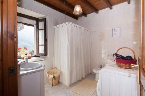 ein Badezimmer mit Dusche, Waschbecken und Toilette in der Unterkunft Casa del Cuetu. Traditional village house in Asturias in Meré