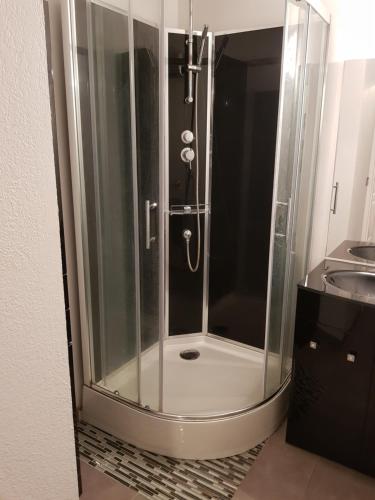 une douche avec une porte vitrée dans une salle de bain dans l'établissement Superbe appartement au calme proche de la plage, à Canet
