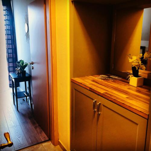 a kitchen with a wooden counter top in a room at Birdland Apartman in Bük