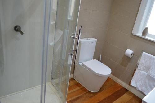 マスタートンにあるVilla 185- Central Mastertonのトイレとガラスのシャワー付きのバスルーム