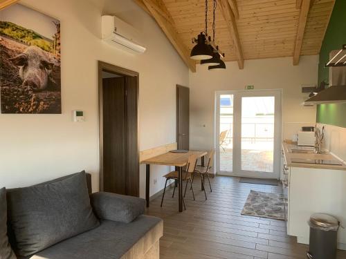 a living room with a couch and a table at Öregtölgy Apartman in Szár