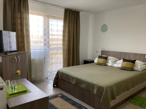 a bedroom with a bed and a large window at Pensiunea Poarta Apusenilor in Moldoveneşti