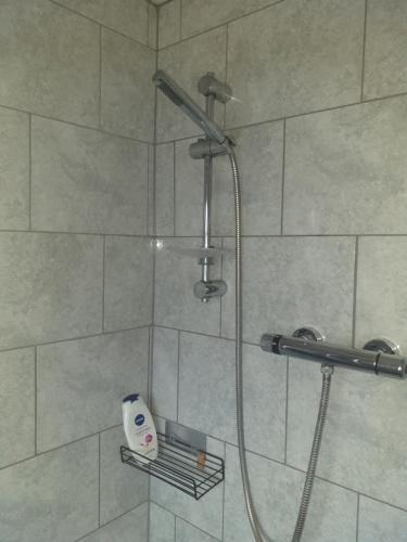 y baño con ducha con cabezal de ducha. en Large double room or single room with shared bathroom, en Ash