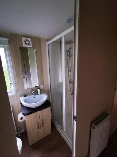 a bathroom with a sink and a shower and a toilet at 67 Newquay Getaway in Newquay Bay Resort