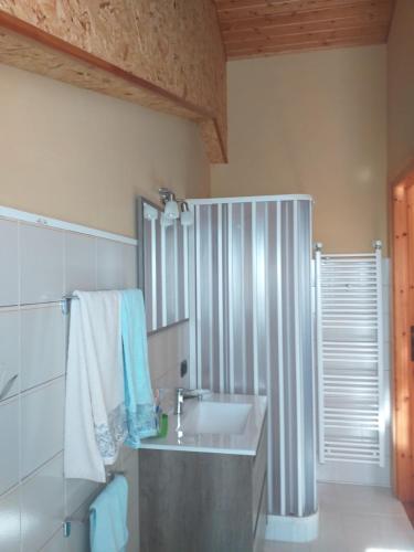 y baño con lavabo y ducha. en Luminoso trilocale finemente arredato, en Castel di Sangro