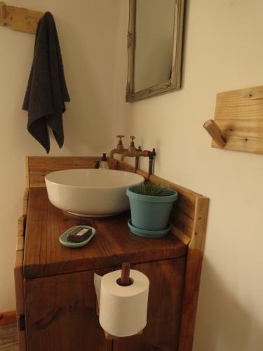 a bathroom with a sink and a roll of toilet paper at Mysthill Eco Cottage in Molen Drift