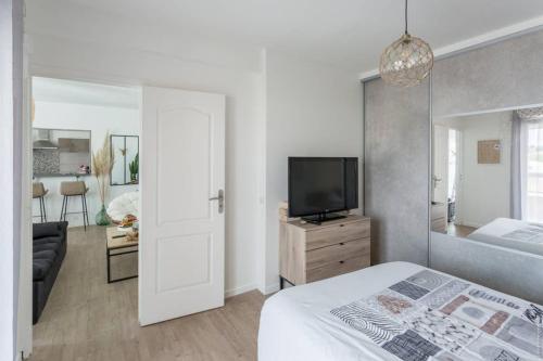 a bedroom with a bed and a tv and a mirror at Appartement T2 proche centre ville in Istres