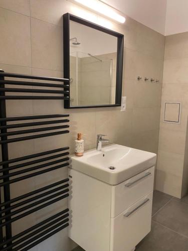 代什特納的住宿－Apartman Jelen，浴室设有白色水槽和镜子