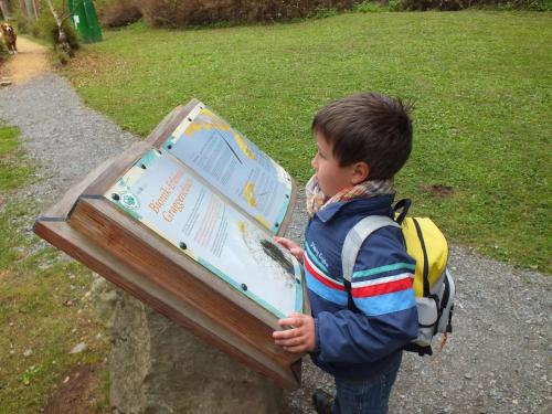 a young boy standing in front of a box at Ferienhaus "Zur alten Schmiede" in Mariahof