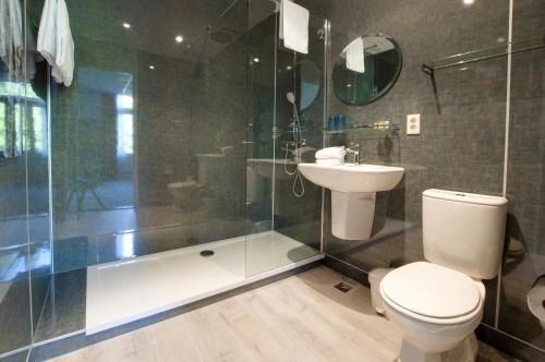 a bathroom with a toilet and a shower and a sink at Boetiek Hotel BonAparte Lochem in Barchem