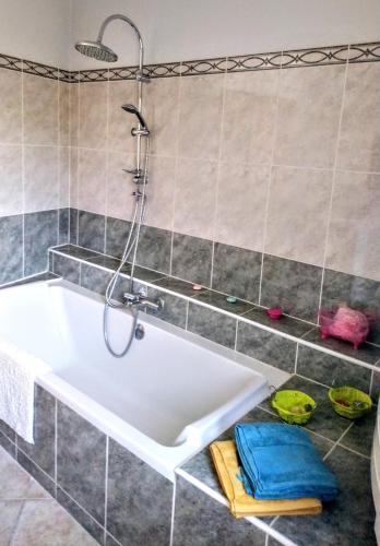 une salle de bain avec baignoire et douche dans l'établissement Villa La Patachou, à Malaucène