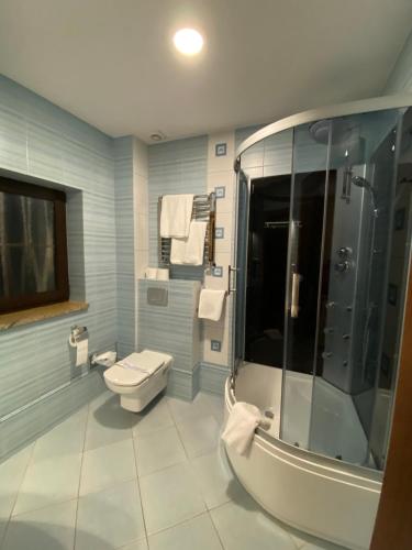 a bathroom with a shower and a toilet and a sink at Hotel City Park Barlinek in Barlinek