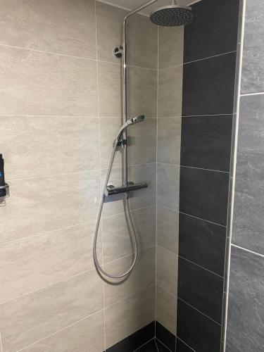 La salle de bains est pourvue d'une douche avec un tuyau. dans l'établissement Chata pod javorem, à Frymburk