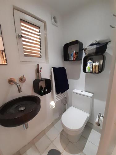 a bathroom with a toilet and a sink at Independent garden study in London