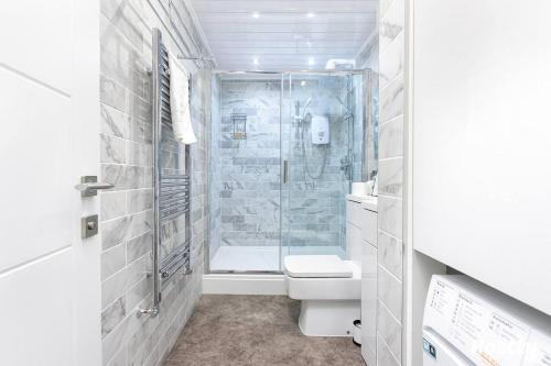 La salle de bains blanche est pourvue d'une douche et de toilettes. dans l'établissement Executive Central Self Contained Flat by CozyNest, à Reading