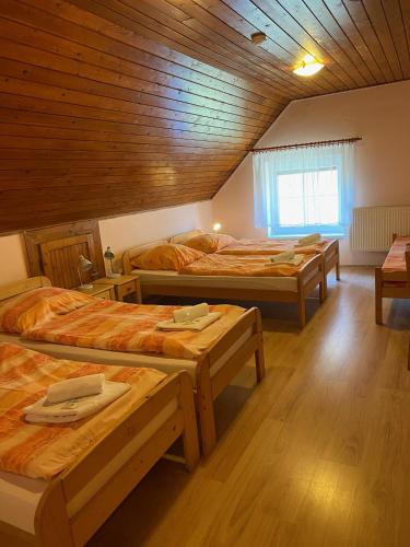 three beds in a room with wooden ceilings at Penzion Ždiar in Ždiar