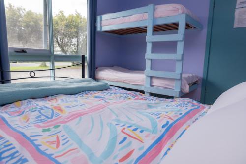 ein Schlafzimmer mit einem Etagenbett und einer Leiter in der Unterkunft Anglesea Backpackers in Anglesea
