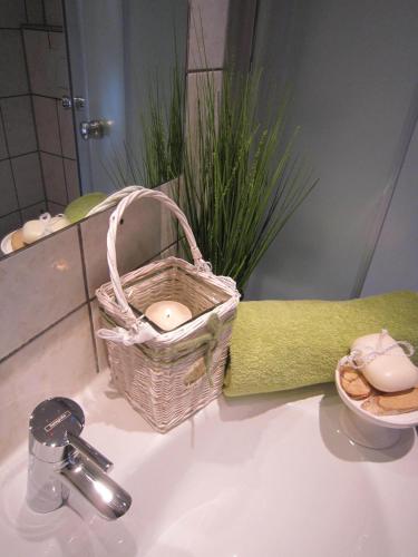 a bathroom sink with a basket on top of it at Hotel Henriette Davidis in Wetter