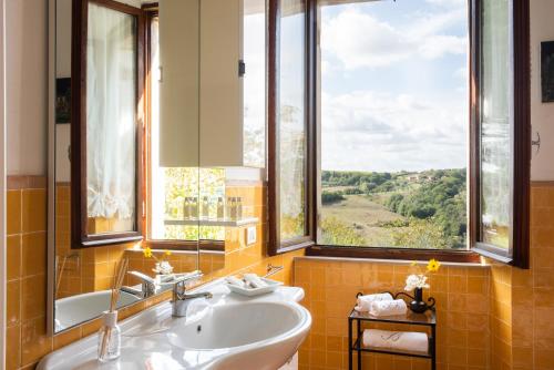 baño con lavabo y ventana con vistas. en Podere Sant'Alessandro, en Rapolano Terme