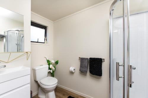 a bathroom with a toilet and a shower at HOH - Chalet Frodo in Matamata