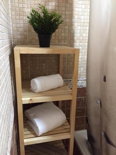 a wooden shelf with two pillows and a plant at Alojamientos El Chorro in Los Navalucillos