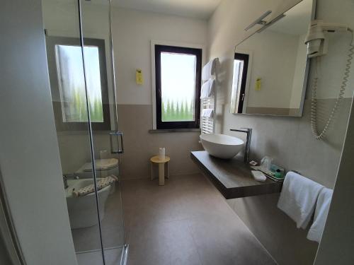 La salle de bains est pourvue d'un lavabo et d'une douche en verre. dans l'établissement Hotel Prata Verde, à Prata di Pordenone