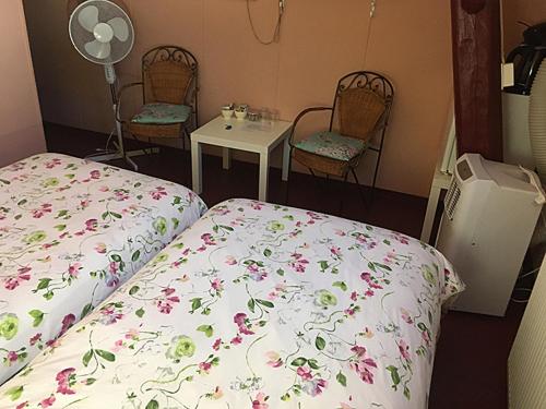 a bedroom with a bed and two chairs and a table at Paul en Lettie's Bed and Breakfast in Westbroek