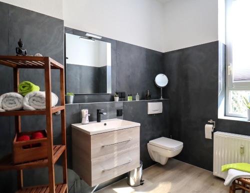 La salle de bains est pourvue d'un lavabo, de toilettes et d'un miroir. dans l'établissement NEU Zentral nur 5min bis zur Innenstadt - 2Schlafzimmer, Smart TV, Badewanne, Innenhoflage, à Magdebourg