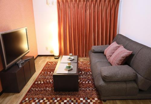 a living room with a couch and a television at ケイアイコンホテルズ 池下 in Chikusachō