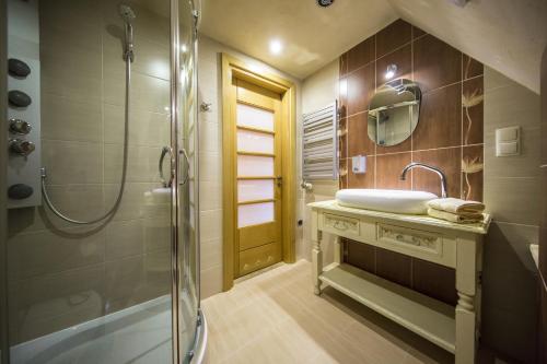 a bathroom with a sink and a shower at Leśny Dworek Zakopane in Zakopane