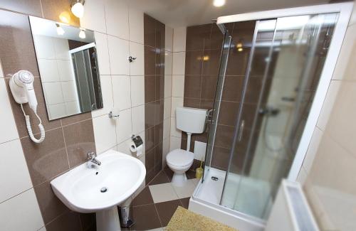 a bathroom with a toilet and a sink and a shower at Becsi Szelet in Miercurea-Ciuc