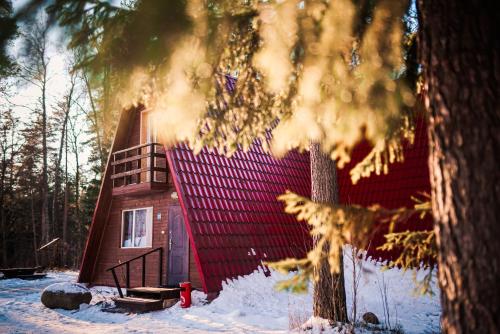 un pequeño edificio rojo en la nieve junto a un árbol en Krasnoye Ozero Resort, en Korobitsyno