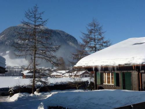 una casa cubierta de nieve con una montaña en el fondo en Apartment Chez-Nous by Interhome, en Gstaad