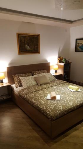 a bedroom with a large bed with a tray on it at Sasa Plus in Bajina Bašta