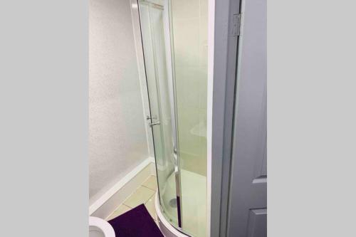 a glass shower in a bathroom with a purple rug at Swansea house in Birmingham