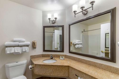 a bathroom with a sink and a toilet and a mirror at Quality Inn Fayetteville Near Historic Downtown Square in Fayetteville